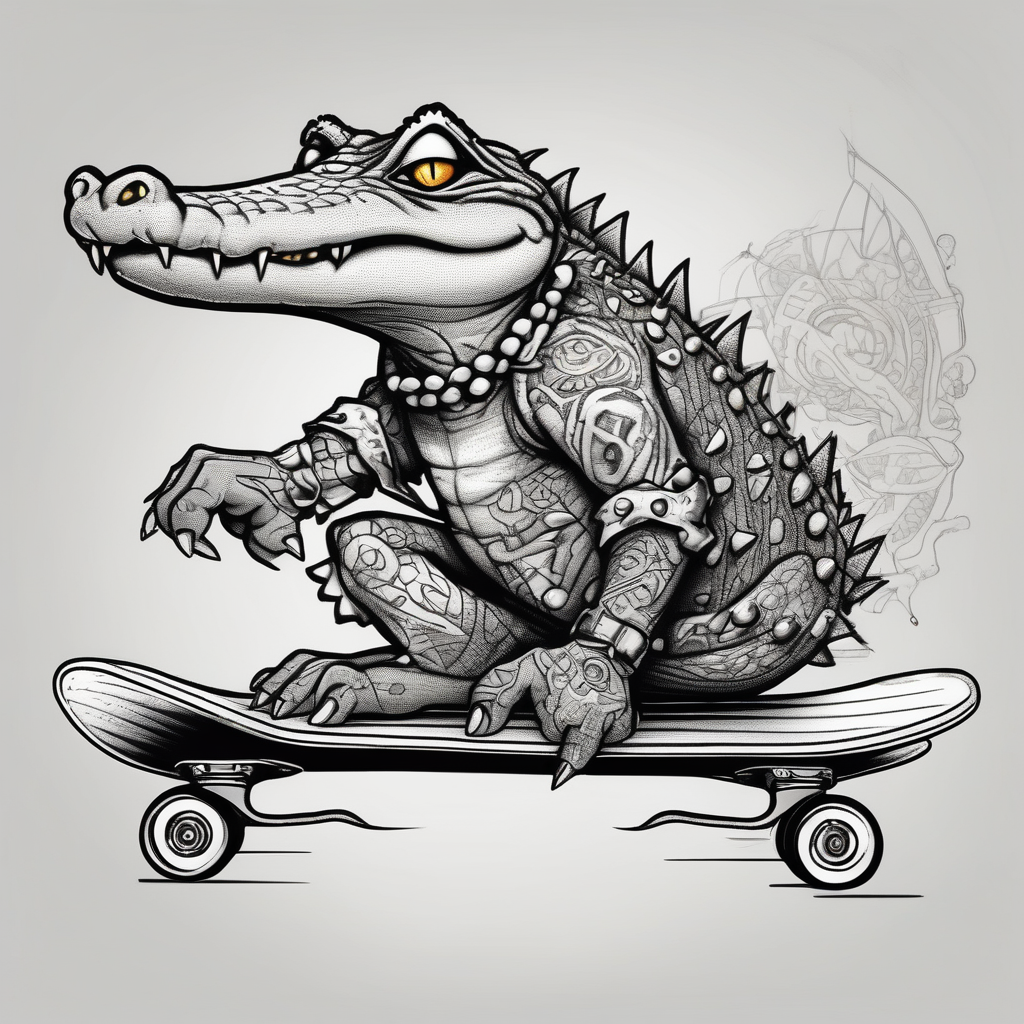crocodile riding a skateboard with piercings and tattoos drake tattoos, AI-generated Sketch tattoo design